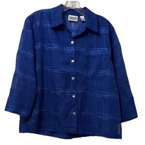 Chicos Design Button Up Shirt Size 0/S/4 Blue Crinkle Semi Sheer Gauze Lagenlook